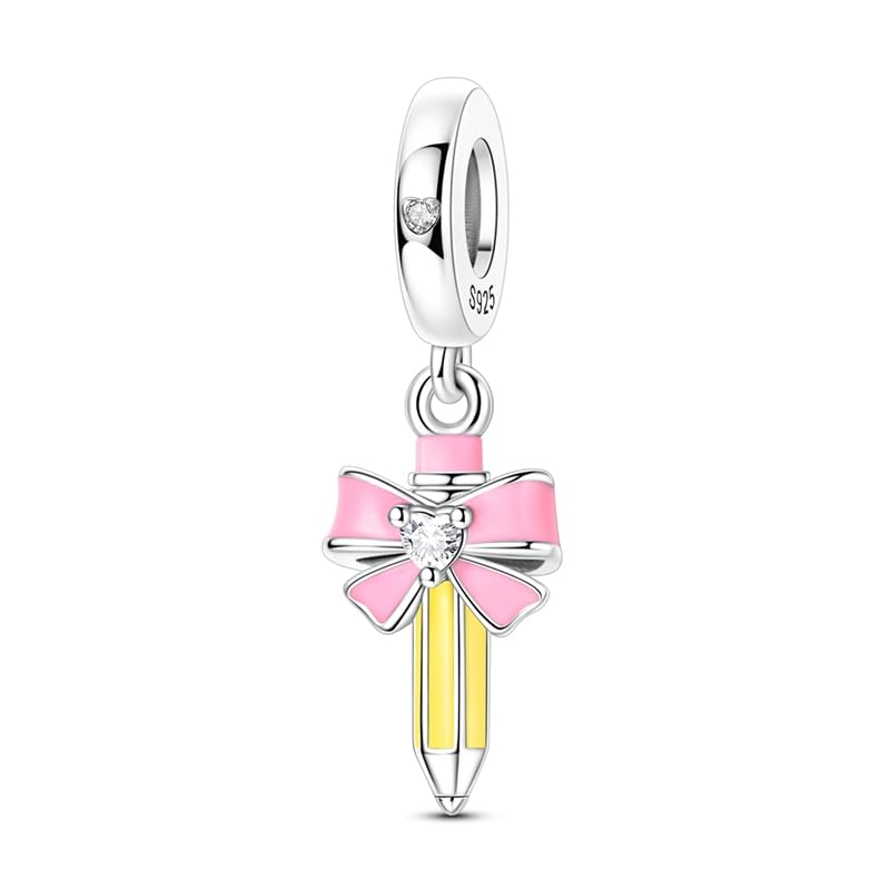 925 Sterling Silver Charms for Bracelets and Necklaces Beads Jewelry Charms for Women - color: Pink Bow Pencil Charm