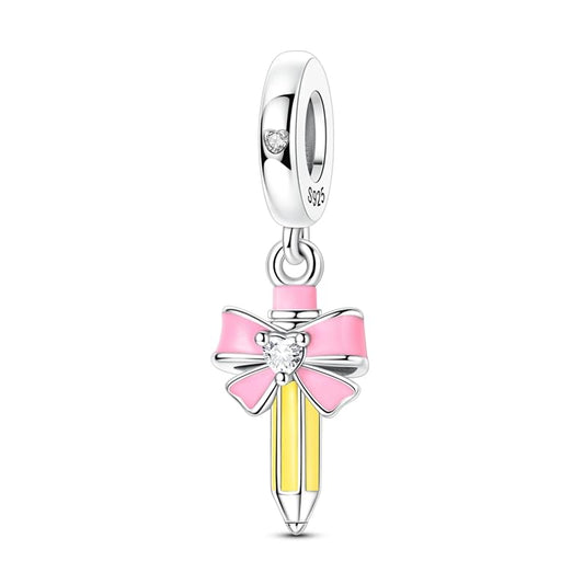 925 Sterling Silver Charms for Bracelets and Necklaces Beads Jewelry Charms for Women - color: Pink Bow Pencil Charm