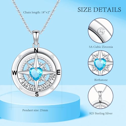 Compass Necklace Sterling Silver Nautical Graduation Gift | 925 Sterling Silver compass pendant with meaningful nautical design, jewelry for women, graduation and travel gift - color: Blue-5
