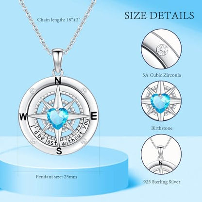 Compass Necklace Sterling Silver Nautical Graduation Gift | 925 Sterling Silver compass pendant with meaningful nautical design, jewelry for women, graduation and travel gift - color: Blue-5