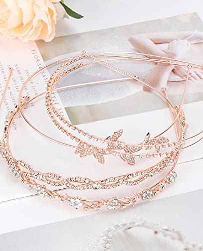 Wecoe 4 Pack Silver & Rose Gold Metal Headbands - Flower Girl Bridal Wedding Headpieces - Crystal Butterfly Designs - Perfect for Formal Occasions, Gifts & Parties - color: Rose gold band & silver rhinestones