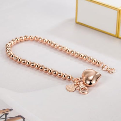 H&Beautimer 925 Sterling Silver 4-10MM Ball Chain Bracelet For Women's - Italian Handmade Bead Chain Bracelet 5''5.7''6.3''6.7''7.5''8''8.3''8.5''9 Inch Rose Gold Party Jewelry - color: 4MM Silver-Heart Pendant, size: 8.3 inches