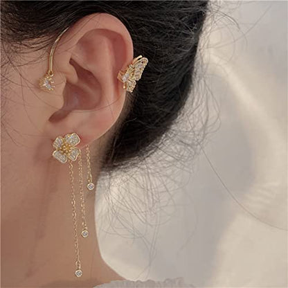 2 Pairs Dainty Silver Butterfly Ear Cuffs & Wraps for Women Non Piercing Bling Butterfly Tassel Style Zircon Earrings Ear Clips Bridal Wedding Jewelry - color: Gold