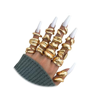 17IF 16 Pcs Chunky Gold Rings Set for Women, 14K Gold Plated | Classic Thick Adjustable Rings, Stackable Midi Finger Womens Stack Ring Pack for Jewelry Gifts - style: Golden-C