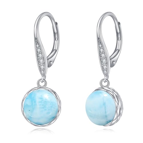 925 Sterling Silver 8mm Pearl Dangle Drop Earrings Moonstone Larimar Opal Rose Quartz Black Pearl Leverback Earrings for Women Christmas Gifts for Her - style: Larimar Earrings