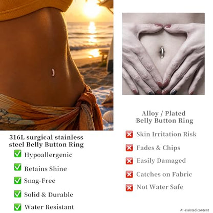 Clicker Belly Button Ring Hoop Belly Button Ring 14G Navel Ring | Surgical stainless steel hinged belly button ring for belly button piercing, navel body jewelry for women and men - color: A-Rose gold