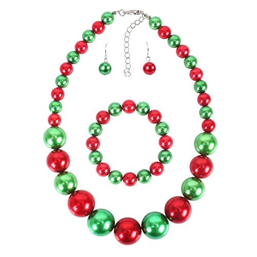 Fuqimanman2020 Chunky Large Simulated Pearl Choker Necklace Drop Dangle Earrings Crystal Bib Big Round Beaded Strand Multicolor Costume Statement Wedding Jewelry Set for Women Brides - color: Christmas Set