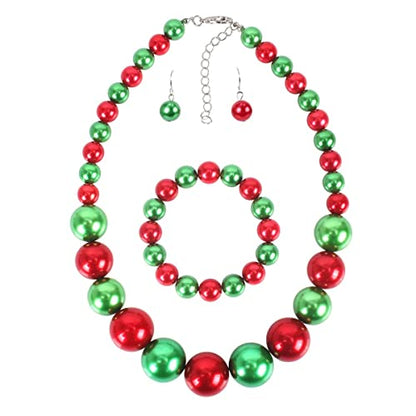 Fuqimanman2020 Chunky Large Simulated Pearl Choker Necklace Drop Dangle Earrings Crystal Bib Big Round Beaded Strand Multicolor Costume Statement Wedding Jewelry Set for Women Brides - color: Christmas Set