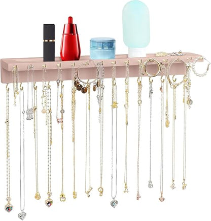 YYILIS Necklace Holder, Upgraded Extra Large Wall Necklace Organizer with 30 Hooks Wall Mounted Necklace Hanger with Jewelry Tray/Cosmetics Shelf Rustic Pine Wood Holder (Pink) | 30 Hooks Wall Mounted Necklace Hanger with Jewelry Tray/Cosmetics Shelf Rust