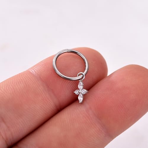 Ourania 16G Gold Stainless Steel Zircon Dangle Huggie Hoop Rook Piercing Helix Hoop Earring Tragus Hoop Cartilage Piercing for Women - color: Flower Silver 2PCS, size: 1.2*10mm 2pcs