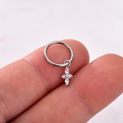 Ourania 16G Gold Stainless Steel Zircon Dangle Huggie Hoop Rook Piercing Helix Hoop Earring Tragus Hoop Cartilage Piercing for Women - color: Flower Silver 2PCS, size: 1.2*10mm 2pcs