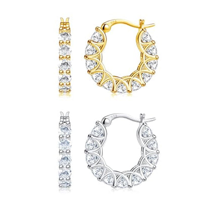 2 Pairs Gold/Silver Hoop Earrings For Women Set Trendy,14K Plated Gold Chunky Huggie Hoop Earings Pack,Oval Twisted Statement Silver Hoops,Fashion Jewelry Gift - color: B2 20mm big CZ hoops set