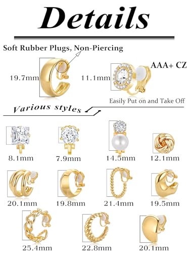 13 Pairs Clip on Earrings for Women Chunky Non Pierced Hoop Earrings CZ Pearl Knot Croissant Tube Twist Stud Hoop Clip on Earring Set Fake Earrings Clips Jewelry 14K Gold Silver Plated - color: Gold