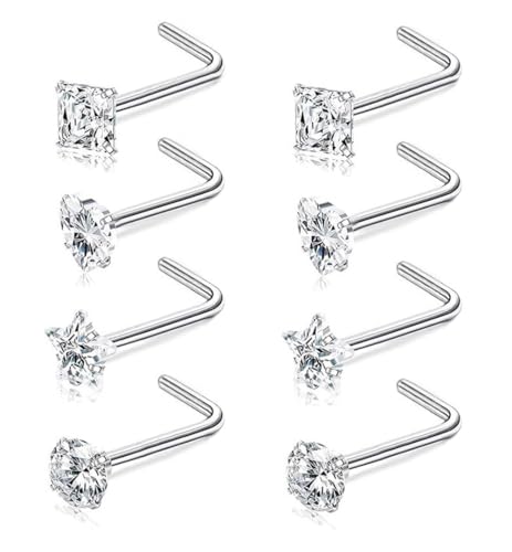 SEEDRILL 8Pcs 20G Nose Rings studs for Woman Hypoallergenic Nose Studs 316L Surgical Steel with Gold Plated Nose Piercings Jewelry 3mm CZ L Shape Nose Rings 20 Gauge Nose Stud Nose Screw Studs - style: 8Pcs/20G/3mm CZ/L-Shape/Silver