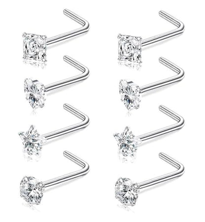 SEEDRILL 8Pcs 20G Nose Rings studs for Woman Hypoallergenic Nose Studs 316L Surgical Steel with Gold Plated Nose Piercings Jewelry 3mm CZ L Shape Nose Rings 20 Gauge Nose Stud Nose Screw Studs - style: 8Pcs/20G/3mm CZ/L-Shape/Silver