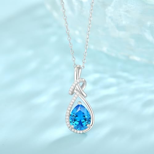 Infinity Teardrop Necklace Silver Tone Pendant Birthstone Jewelry for Women - color: Sea Blue
