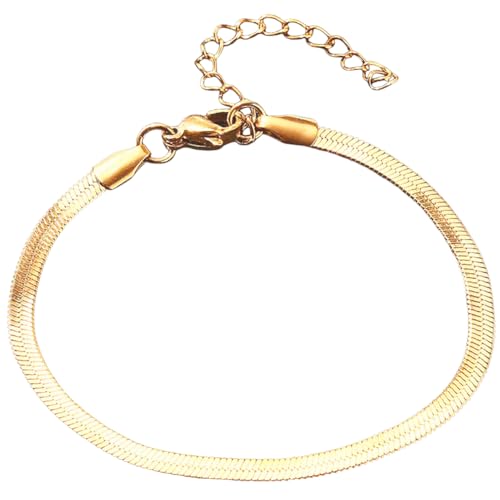 Herringbone Flat Snake Chain Bracelet Vintage Shiny Gold Stainless Steel Jewelry for Men Women Dainty Simple Stackable Layered Herringbone Bracelets Trendy Accessories Gift - color: Glod