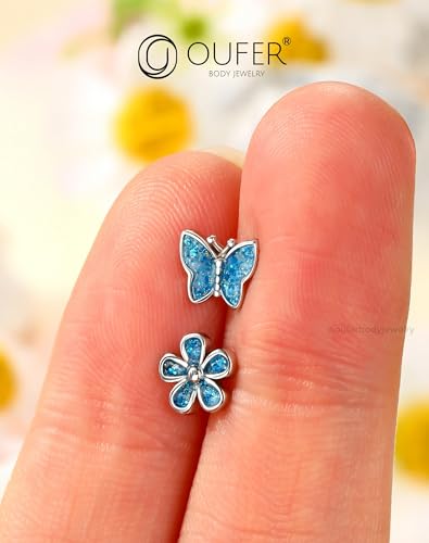 OUFER 2PCS Stainless Steel Nose Rings, Moon Star Butterfly Design 20G Nostril Dangle Piercing Jewelry - 7MM - style: Glitter Butterfly Butterfly