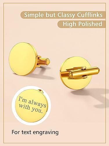 FindChic Stainless Steel Round Cufflinks with Custom Text/Picture/Monogram Letters 18K Gold Plated/Black Color for Men Groom Suits Shirts, with Gift Box - style: 01. simple round (gold plated)