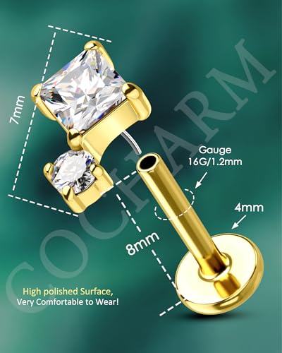 COCHARM 16G Threadless Labret Stud Earrings Flat Back Helix, Tragus, Cartilage,Conch Piercing Jewelry Square CZ Push Pin Lobe Stud 6mm 8mm 316L Steel Silver, Gold - color: Gold, size: 1.2x8mm