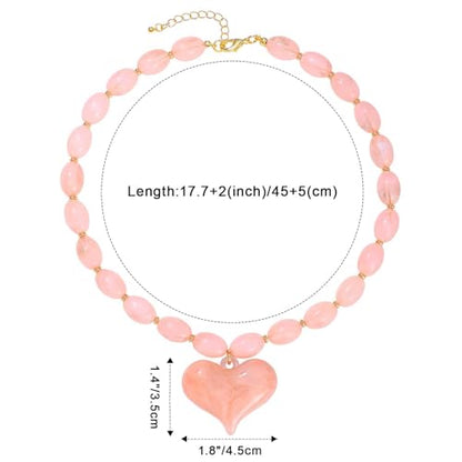 Chunky Beaded Necklaces for Women Trendy Colorful Acrylic Bead Statement Necklace Puffy Heart Pendent Necklaces for Women Boho Fashion Jewelry - color: D-light pink