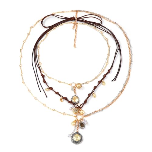LUREME Vintage 3-in-1 Layered Necklace Set for Women, Gold Coin & Brown Wax Rope Boho Jewelry(nl006387)