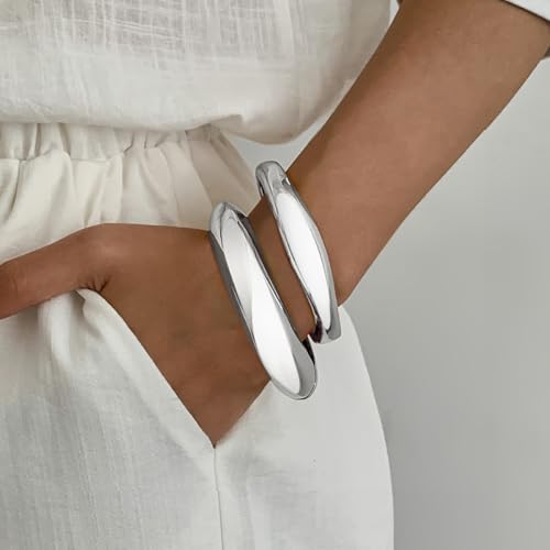Chunky Gold Bangles for Women Gold Plated Stackable Bracelets Set Trendy Cuff Bracelets Stack Wrist Open Bangle Jewelry Gift Accessories - style: Silver