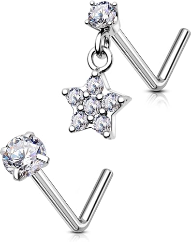 OUFER 2PCS Stainless Steel Nose Rings, Moon Star Butterfly Design 20G Nostril Dangle Piercing Jewelry - 7MM - style: Flower
