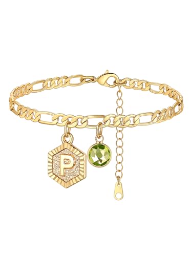 Custom4U Personalized Initial Ankle Bracelets for Women 14K Gold Plated Dainty CZ Birthstone Hexagon Letter Initial Anklets for Women Adjustable Silver/Gold Foot Chain Summer Beach Jewelry Gifts - color: Gold Hexagon-O