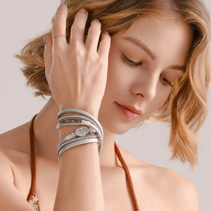 Boho Chunky Leather Wrap Bracelets Stackable Beaded Western Country Jewelry | Crystal Bead Trendy Layered Cuff Magnetic Clasp Stack Bohemian Statement Costume Outfits Cowgirl Fashion Hippie Accessories - color: Silver, size: 14.7"
