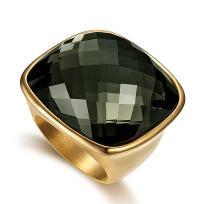 Chunky Square Crystal Glass Stainless Steel Statement Ring for Women Men Gold-Tone Plated Exaggerated Large Geometric Green Cubic Zirconia Finger Band Knuckle Rings Cocktail Prom Fashion Jewelry - color: Gery