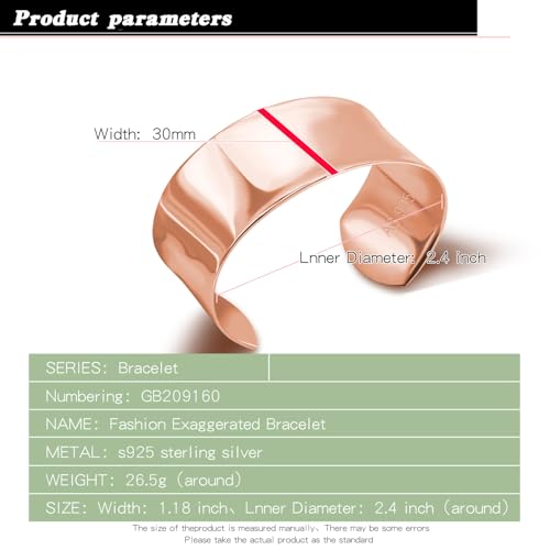 Dankadi Women 925 Sterling Silver Curved Bangle 30MM Wide Grooved Cuff Bangle Shiny Punk Open Bracelet Adjustable Plated 24k Gold/Rose Gold Jewelry Gift - color: Rose Gold
