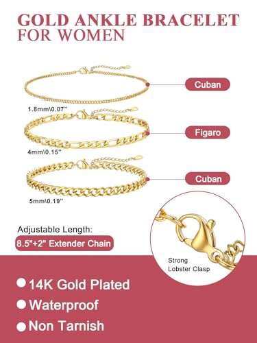FOCALOOK Anklet Bracelets Set for Women, 14K Gold Plated Layered Anklet Set | Adjustable for Large Ankle, Cuban/Snake/Figaro/Paperclip Chain, Waterproof & Non Tarnish for Everyday Wear, Beach & Summer - color: D:3Pcs-1.8mm&5mm Cuban/Figaro-Gold