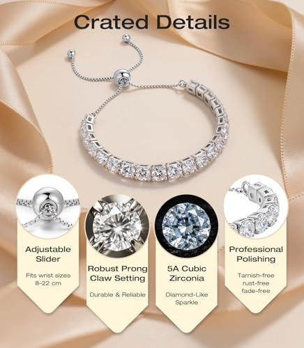 Lovans 14K Gold Plated Tennis Bracelets,White/Yellow/Rose Gold-plated Adjustable Cubic Zirconia Tennis Bracelet for Women - color: Silver, size: 4MM White