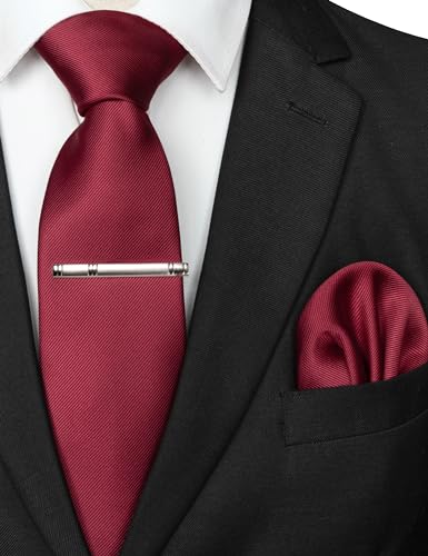 JEMYGINS Solid Color Formal Necktie and Pocket Square Tie Clip Sets for Men - color: Crimson