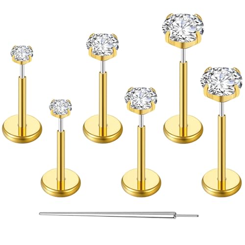 Gotumo 20G Flat Back Earrings Stud G23 Titanium Threadless Tragus Labret Cartilage Lip Medusa Conch Body Piercing Jewelry Hypoallergenic for Women Men - color: Gold 18G Bar-6/7/8mm&CZ-2/3/4mm