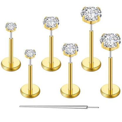 Gotumo 20G Flat Back Earrings Stud G23 Titanium Threadless Tragus Labret Cartilage Lip Medusa Conch Body Piercing Jewelry Hypoallergenic for Women Men - color: Gold 18G Bar-6/7/8mm&CZ-2/3/4mm