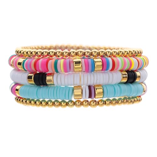 Friendship Bracelets for Women - Heishi Surfer Colorful Smile Evil Eye Clay Beaded Stretch Bracelets Elastic Layering - Stackable Boho Disc Y2K Aesthetic Summer Jewelry Set. - color: D-Clay 5pc - Colorful