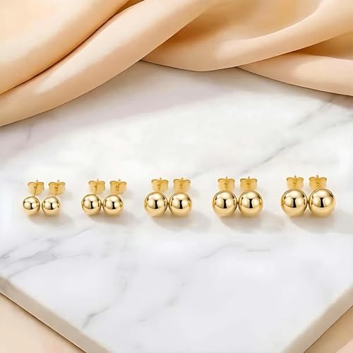 ToHeart 5 Pairs 14K Gold Silver Ball Stud Earrings for Women Studs Set | 3-7MM Studs Hypoallergenic Lightweight Small Ball Earrings Multiple Piercing Earrings Set - color: Gold