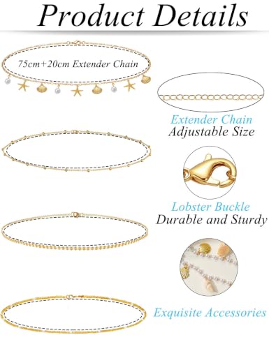 Gold Starfish Waist Chain for Women 18k Gold Plated Belly Chain Belt Layered Seashell Pearl Conch Beads Sequin Satellite Body Chains Sexy Bikini Summer Vacation Beach Jewelry Adjustable - color: 4 Pcs Gold