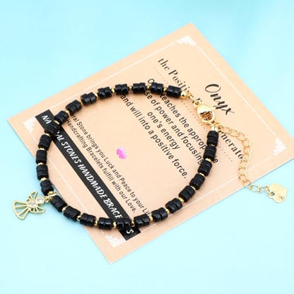 Natural Gemstone Healing Crystal Dainty Charms Bracelet Adjustable Chain Extender Minimalist Jewelry - color: Black Onyx + Angel