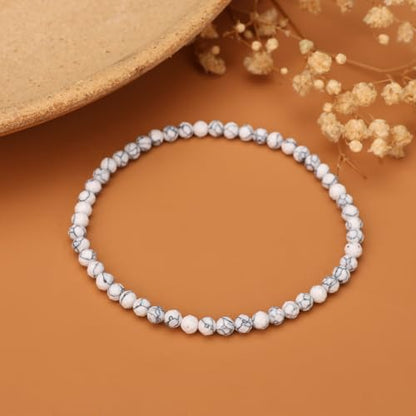 Natural Faceted Crystal Bracelet for Women,4mm Gemstone Round Beads Bracelets Adjustable Stretchy Healing Crystal Beads Bracelets Dainty Jewelry Gift - color: Howlite