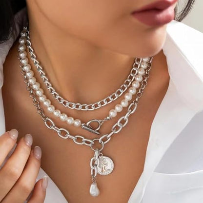 Chunky Layered Pearl Necklaces Set for Women Big Coin OT Choker Necklace | Gold,silver,layering,pearls,stack,pearl jewelry,drop,baroque,buckle,beaded,chain,statement,clasp,toggle,accessories,gift - color: Color-2