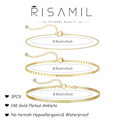 Risamil 14K Gold Plated Ankle Bracelets for Women, Anklets for Women Waterproof Layered Ankle Bracelets for Women Teen Girl Herringbone Anklet Set Summer Foot Jewelry Gifts - color: 3PCS-07
