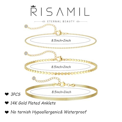 Risamil 14K Gold Plated Ankle Bracelets for Women, Anklets for Women Waterproof Layered Ankle Bracelets for Women Teen Girl Herringbone Anklet Set Summer Foot Jewelry Gifts - color: 3PCS-07