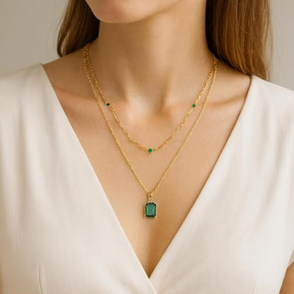 Birthstone Layered Pendant Paperclip Necklace 18k Gold Plated Heart Choker Chain Necklace Emerald Cut Jewelry Birthday Gift for Women - color: Rectangle Emerald