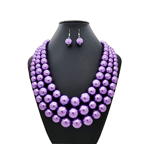 Simulated Pearl Necklace & Earring Set, Multi Strand - color: Lavender