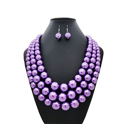 Simulated Pearl Necklace & Earring Set, Multi Strand - color: Lavender