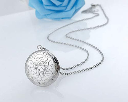 YOUFENG Round Locket Necklace that Holds Pictures Heart Circle Shape Lockets Gift for Jewelry - style: Round flower locket