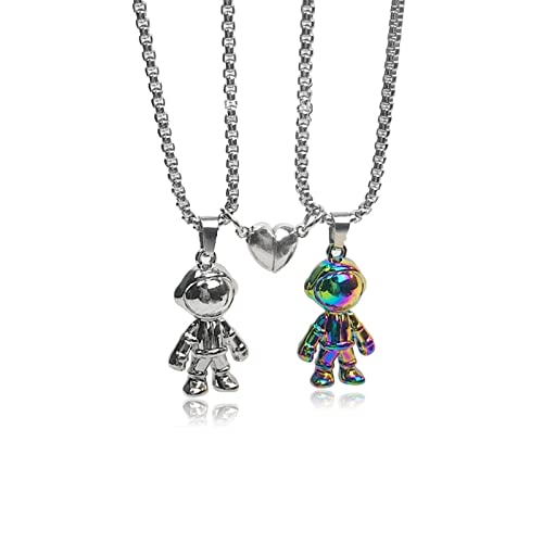 Caiyao 2Pcs Stainless Steel Mutual Attraction Couples Matching Spaceman Pendant Necklace Astronaut Promise Necklace for Women Men Friends Him Her Friendship Astronomy Jewelry Gift - color: D rainbow